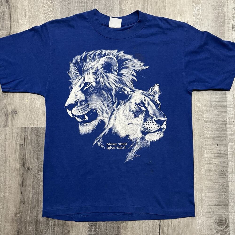 VTG Marine World Africa Blue Lions Animal Graphic Wildlife 80s T Shirt Blue Sz M